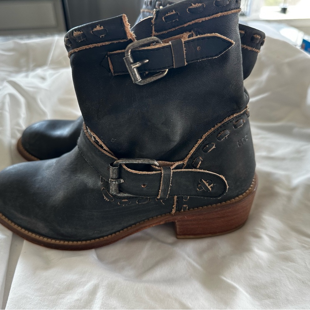 Musse & Cloud Distressed Black Leather Buckle Moto Ankle Boots